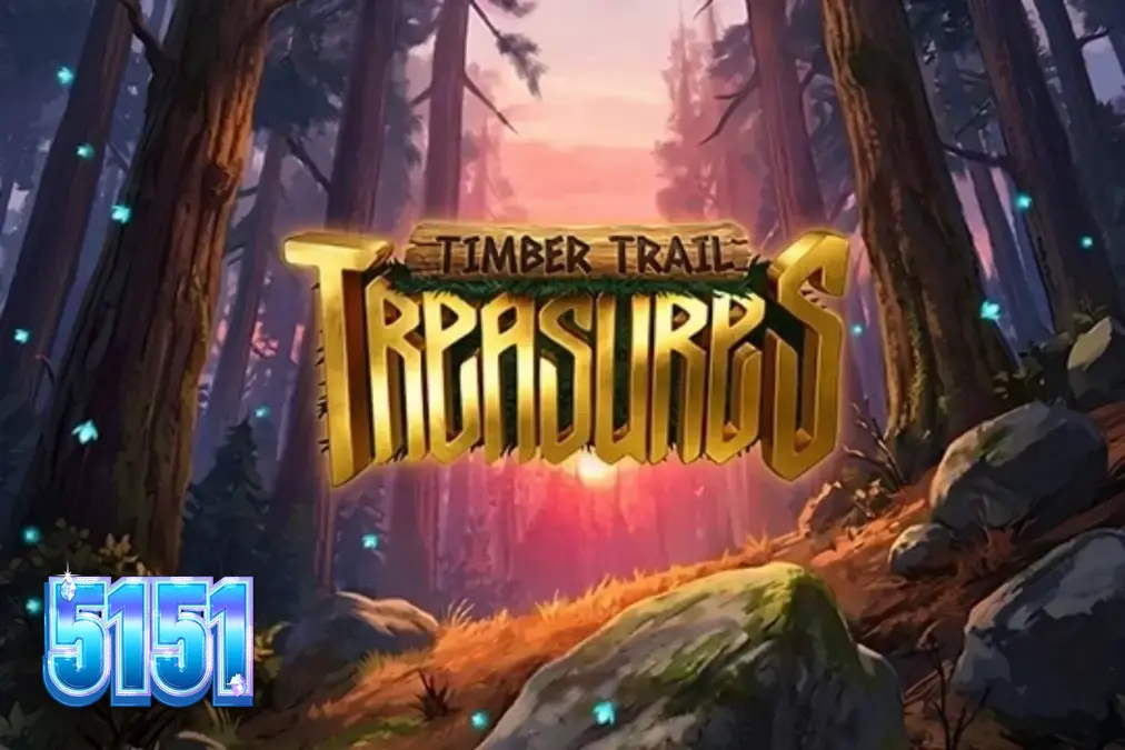 Cenário florestal místico com rolos de jogo do Timber Trail Treasures